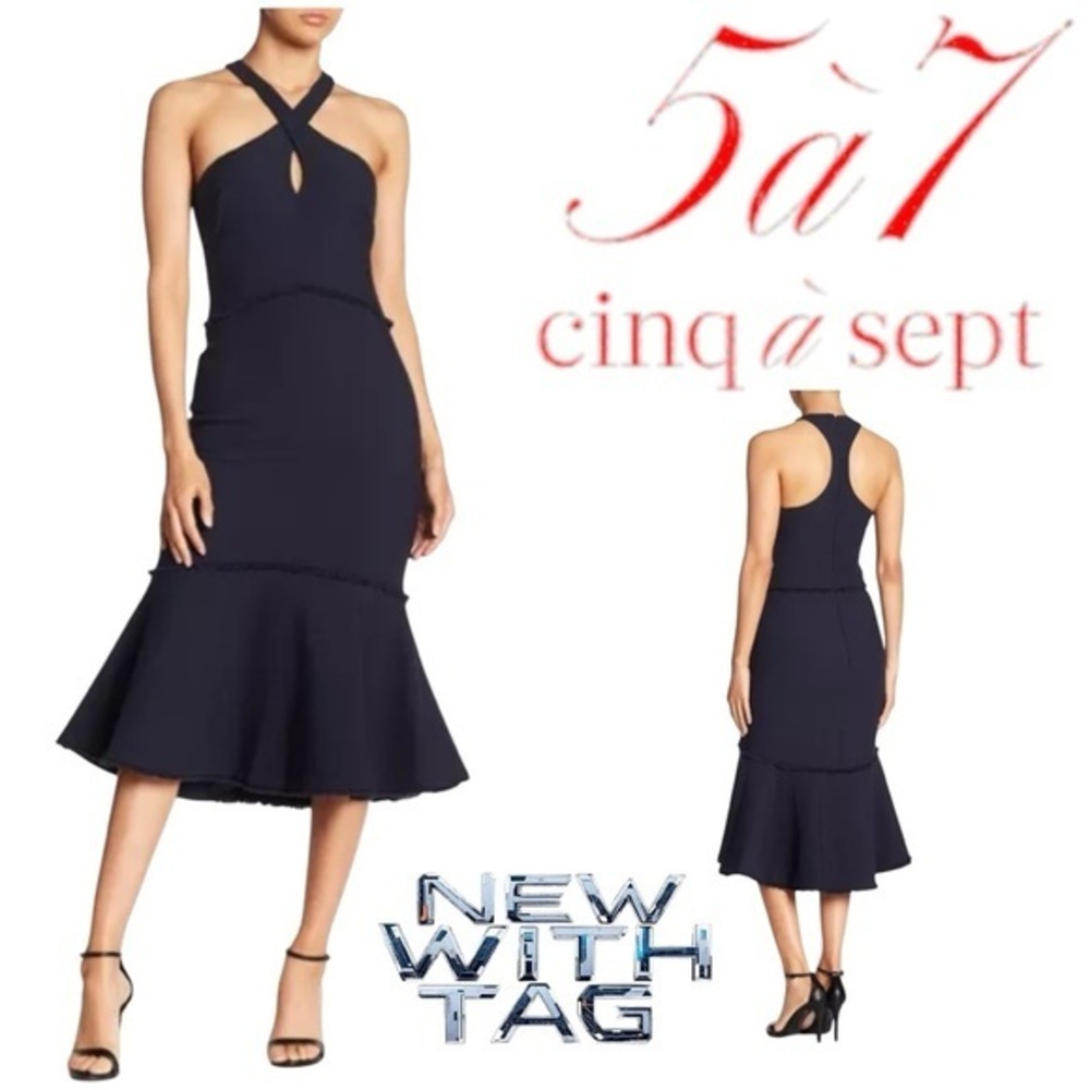 Cinq a Sept Blue Ribbed Backless Cocktail Dress